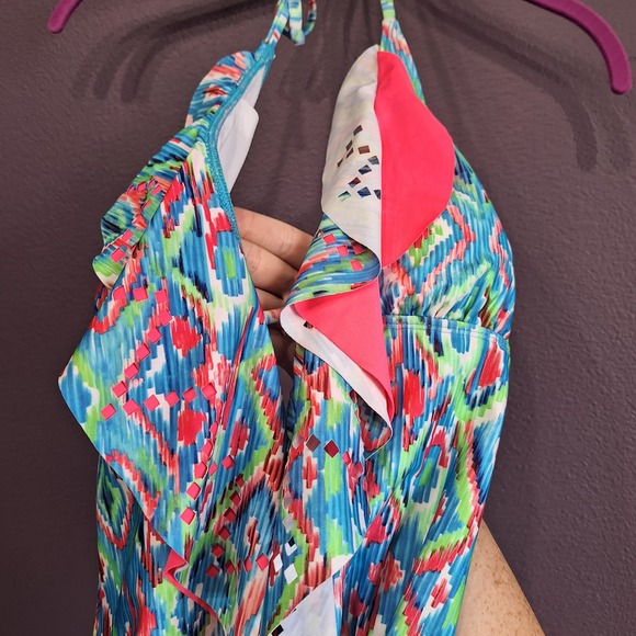 New Ella Moss swim one piece plunge halter tie ruffle Savannah neon womens small - Picture 3 of 7